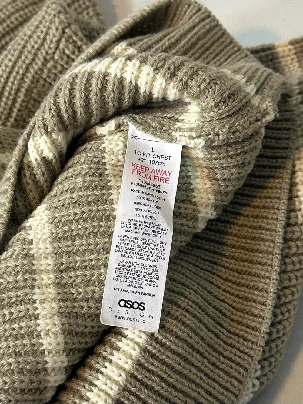 ASOS Men’s Oversized Crew Neck Knit Sweater Green & Ecru Stripes Size Large